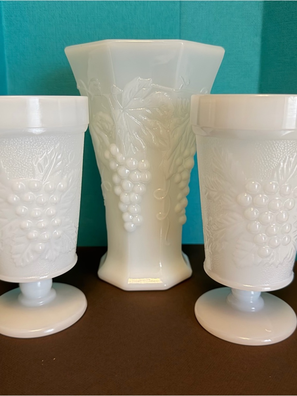 Vintage White Milk Glass Grape Pattern Vase & Pedestal Cups Set